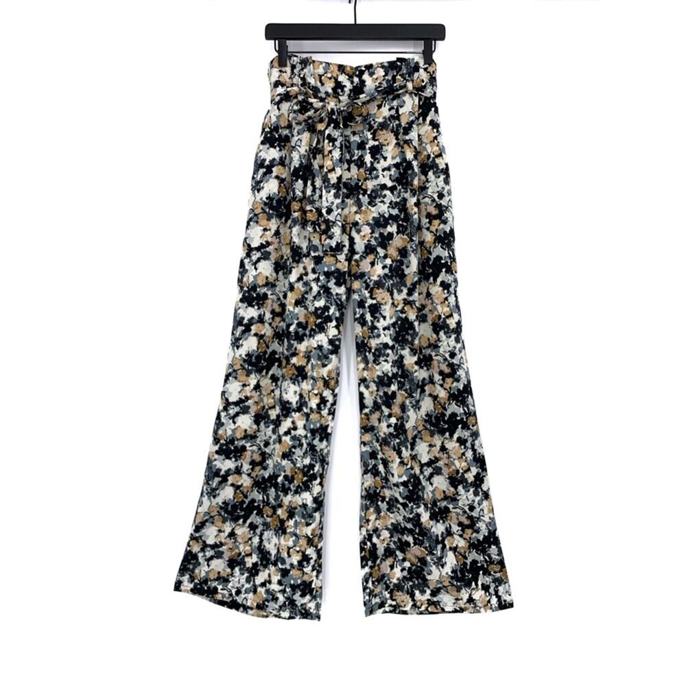 LEITH Tie Waist Wide Leg Palazzo Pant Black Grey Beige M